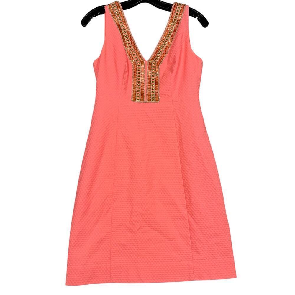 Lilly Pulitzer Eliot Shift Dress in Papaya Coral Beaded V-Neck Size 0 - Picture 2 of 8